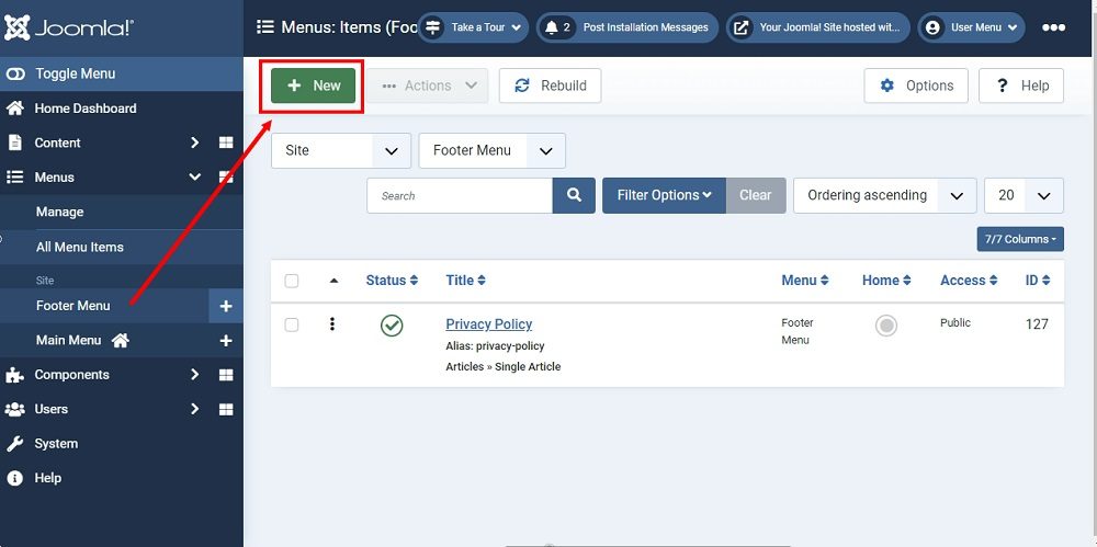 TermsFeed Joomla 4: Dashboard - Menu - Footer Menu - Items - New highlighted