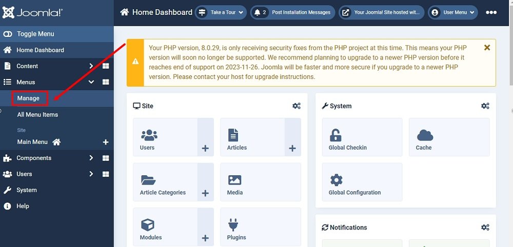 TermsFeed Joomla 4: Dashboard - Menu - Manage highlighted