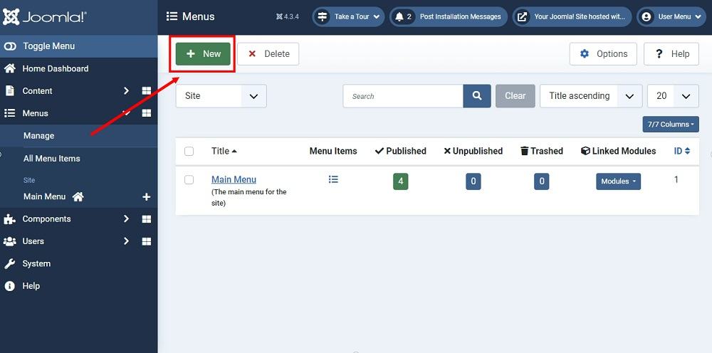 TermsFeed Joomla 4: Dashboard - Menu - Manage - New highlighted