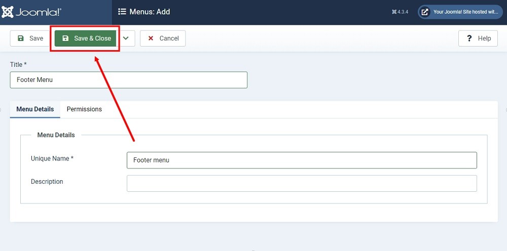 TermsFeed Joomla 4: Dashboard - Menu -New - added - Save and Close highlighted