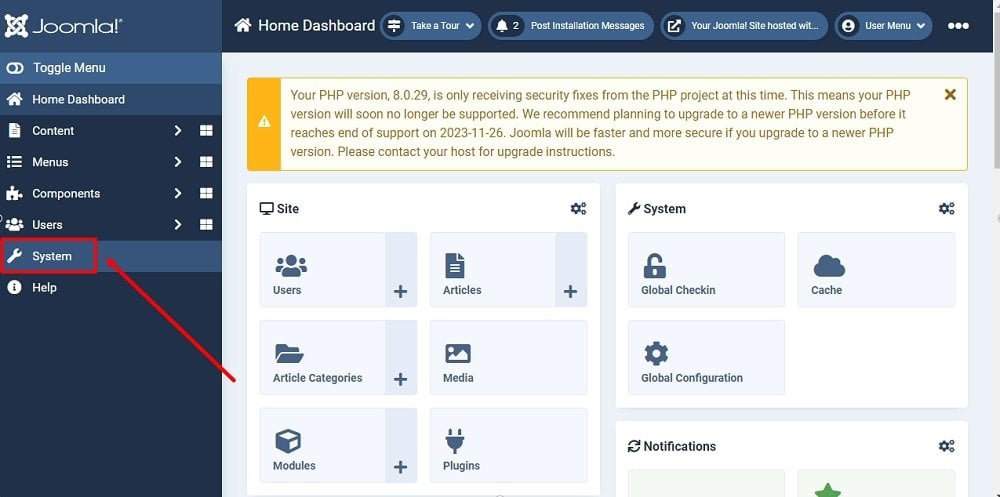 TermsFeed Joomla 4: Dashboard with the System option highlighted