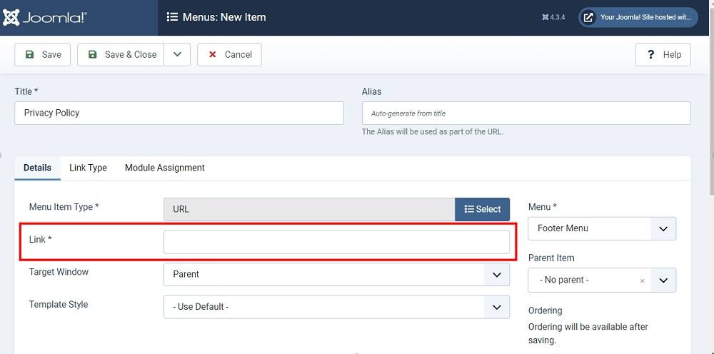 TermsFeed Joomla 4: Footer Menu - Items - New - Details section - Link - empty and required field is active highlighted