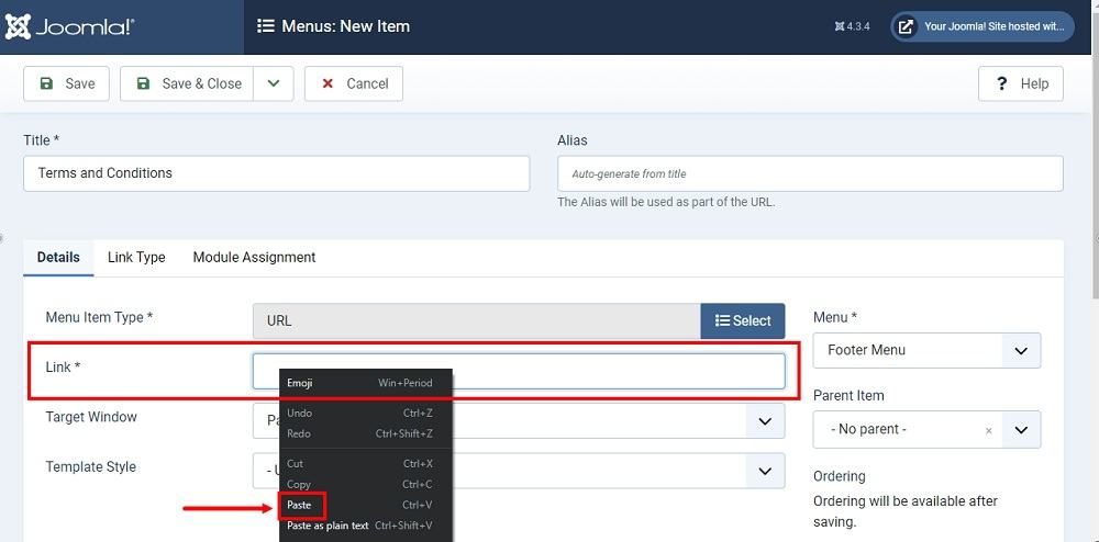 TermsFeed Joomla 4: Footer Menu - Items - New - Details section - Link - empty and required field is active - Paste highlighted