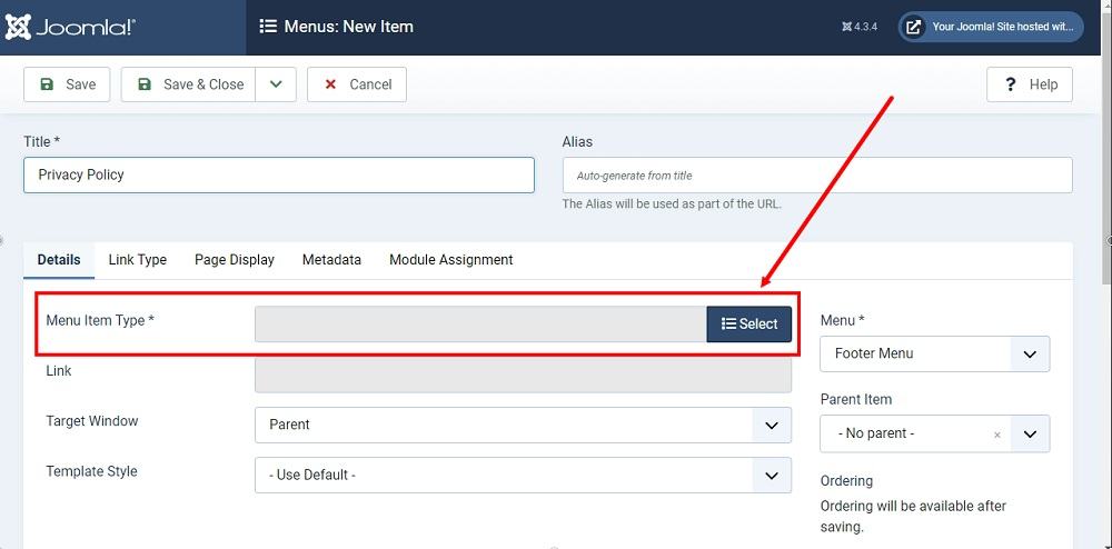 TermsFeed Joomla 4: Footer Menu - Items - New - Details section - Select highlighted