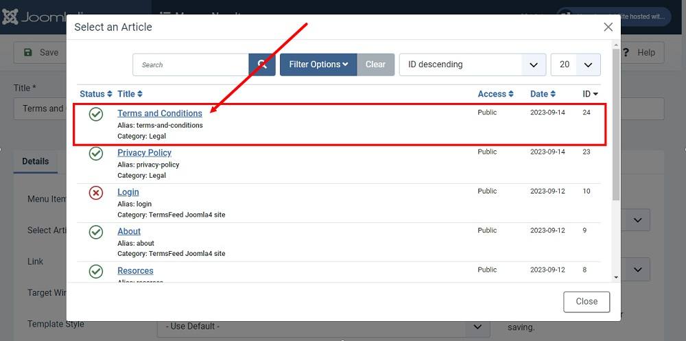 TermsFeed Joomla 4: Footer Menu - Items - New - Details section - Select - Type - Articles - Single - select Article - Terms and Conditions highlighted