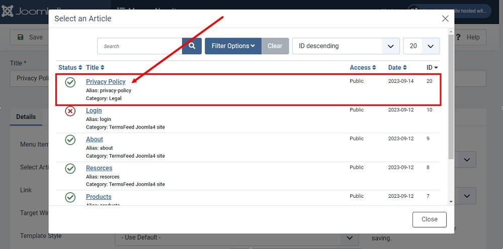 TermsFeed Joomla 4: Footer Menu - Items - New - Details section - Select - Type - Articles - Single - select Article - Privacy Policy highlighted