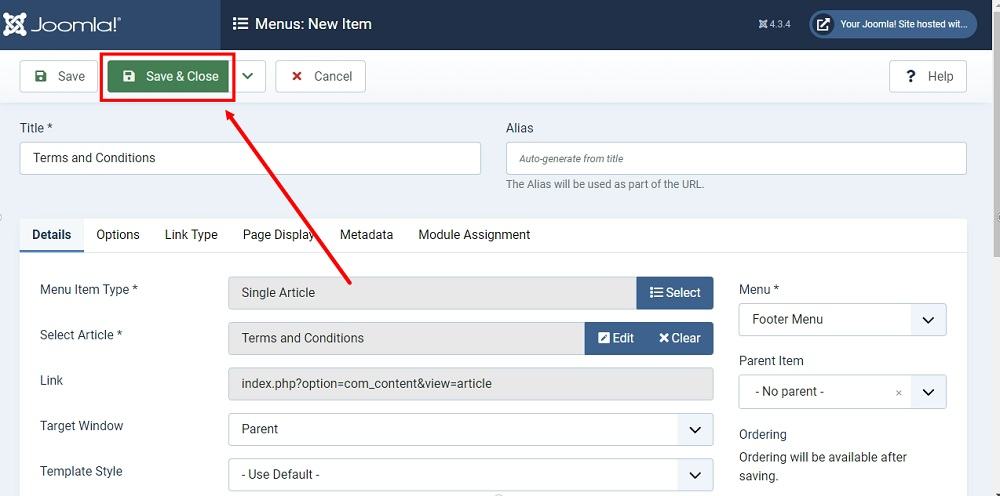 TermsFeed Joomla 4: Footer Menu - Items - New - Terms and Conditions article type added - Save and Close highlighted