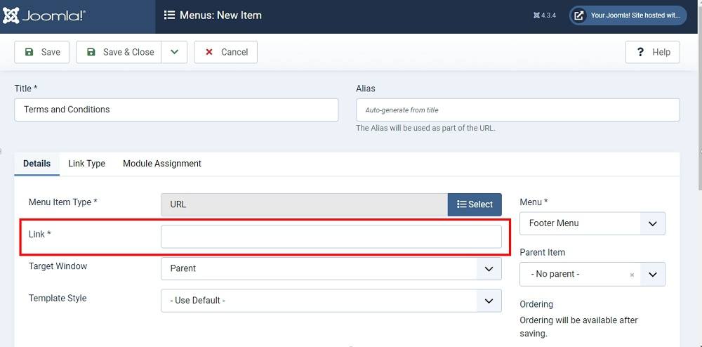 TermsFeed Joomla 4: Footer Menu - Items - New - Terms and Conditions - Details section - Link - empty and required field is active highlighted