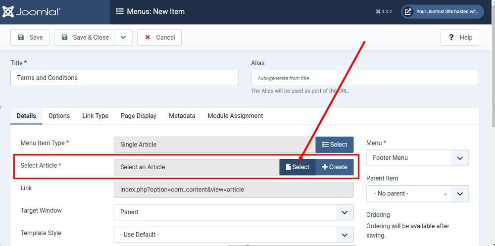 TermsFeed Joomla 4: Footer Menu - Items - New - Terms and Conditions - Details section - Select - Type - Articles - Single - select Article highlighted