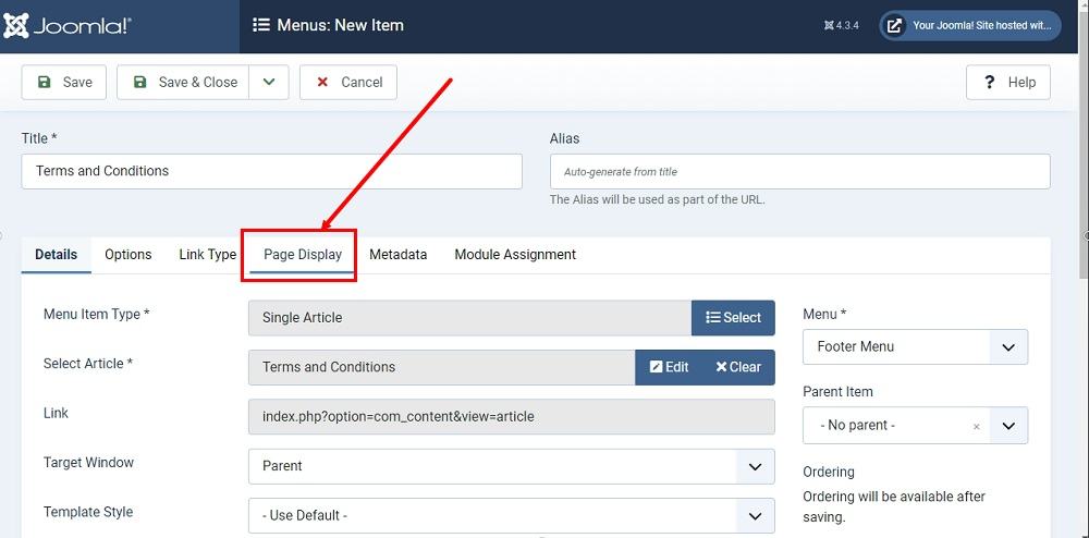 TermsFeed Joomla 4: Footer Menu - Items - New - Terms and Conditions - Title and Type selected - Page Display section highlighted