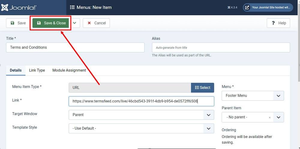 TermsFeed Joomla 4: Footer Menu - Items - New - Terms and Conditions URL type added - Save and Close highlighted