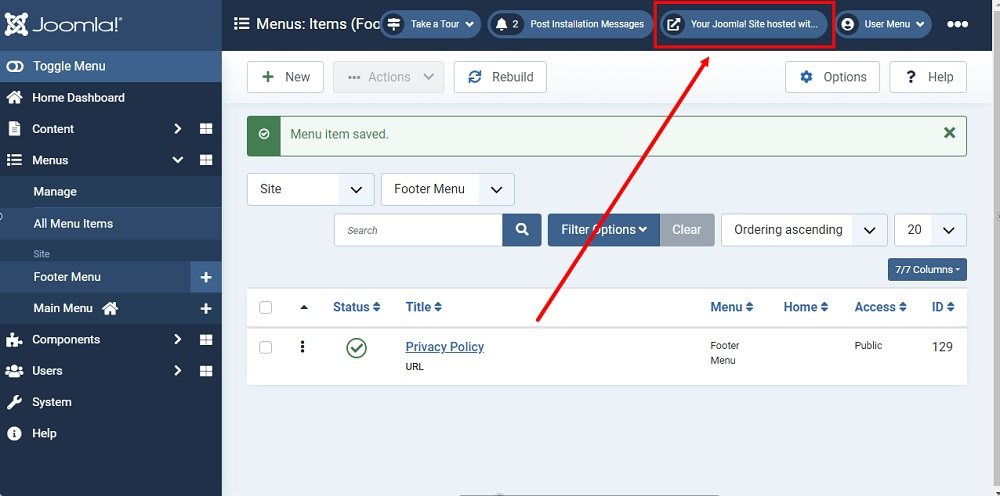 TermsFeed Joomla 4: Footer Menu - Items - New - Privacy Policy article type added - the Preview button highlighted