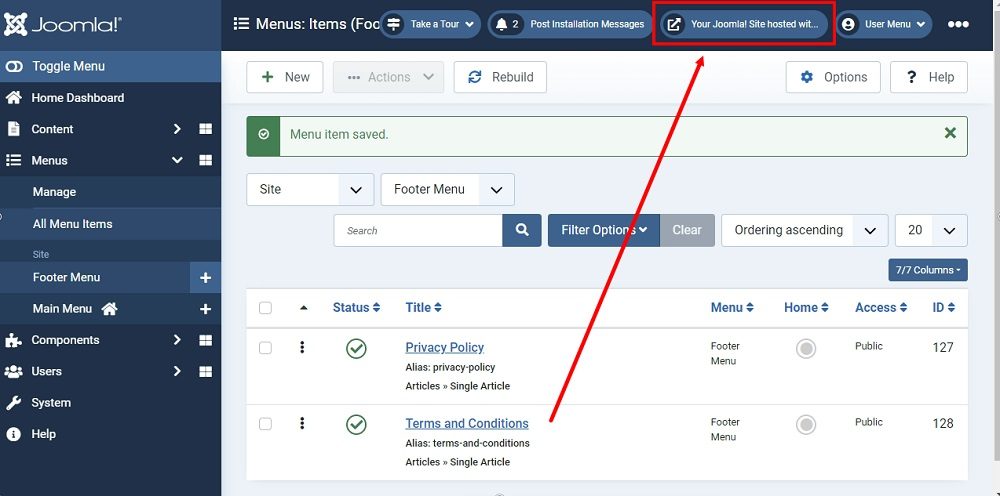 TermsFeed Joomla 4: Footer Menu - Items - New - Terms and Conditions article type added - the Preview button highlighted