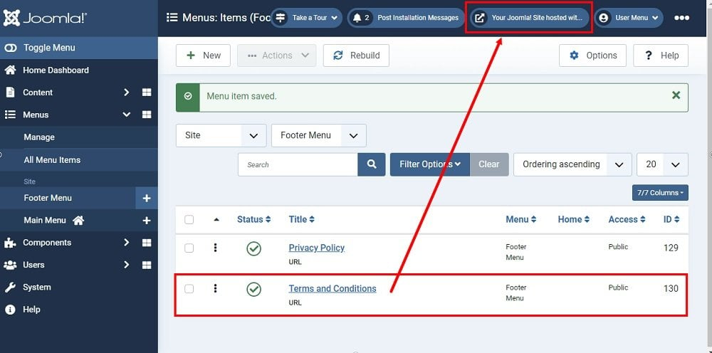 TermsFeed Joomla 4: Footer Menu - Items - New - Terms and Conditions article type added - the Preview button highlighted