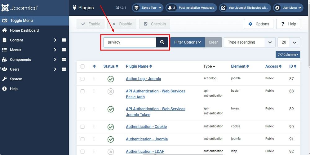 TermsFeed Joomla 4: Plugins Editor - Search for Privacy among plugins highlighted