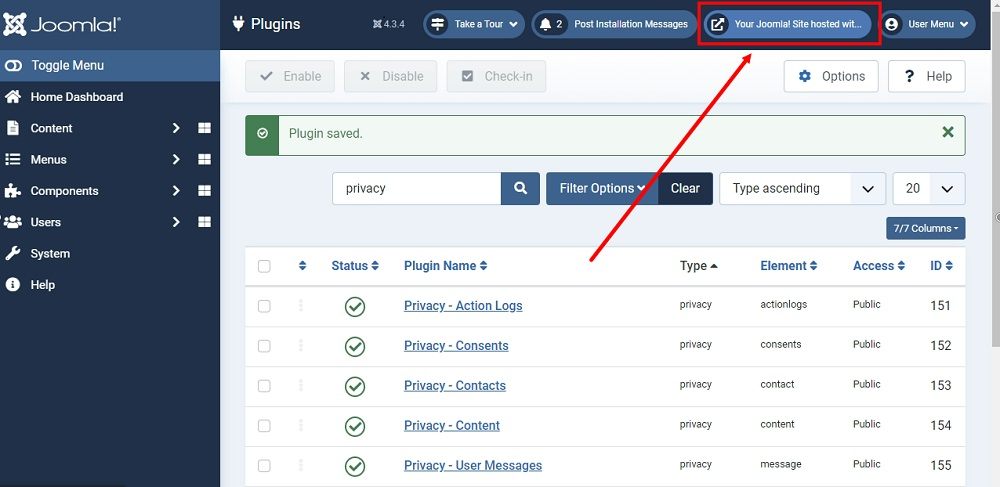 TermsFeed Joomla 4: Plugins - Plugin updates saved - The preview highlighted