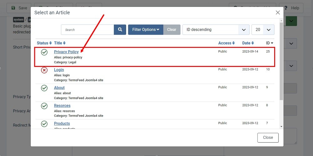 TermsFeed Joomla 4: Plugins - System - Privacy Consent - Privacy Article - Select  Privacy Policy Article highlighted