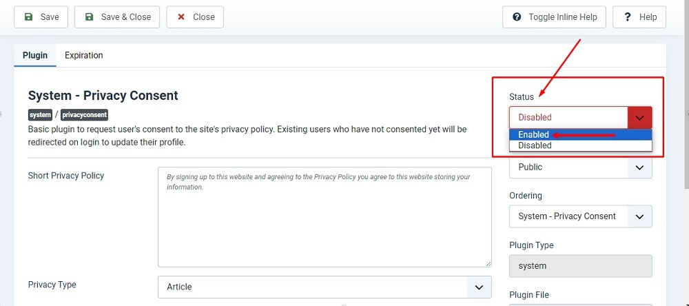TermsFeed Joomla 4: Plugins - System - Privacy Consent - Status change from Disabled to Enabled highlighted