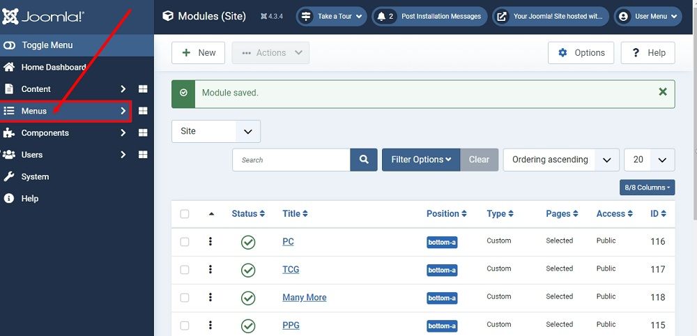 TermsFeed Joomla 4: Site Modules - added - Dashboard - Menu highlighted