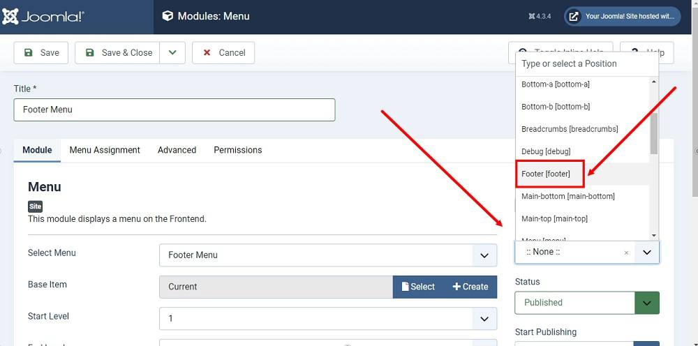 TermsFeed Joomla 4: Site Modules - New - Menu - Position - None to Footer change highlighted