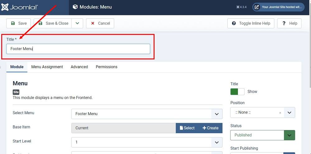 TermsFeed Joomla 4: Site Modules - New - Menu - Title highlighted