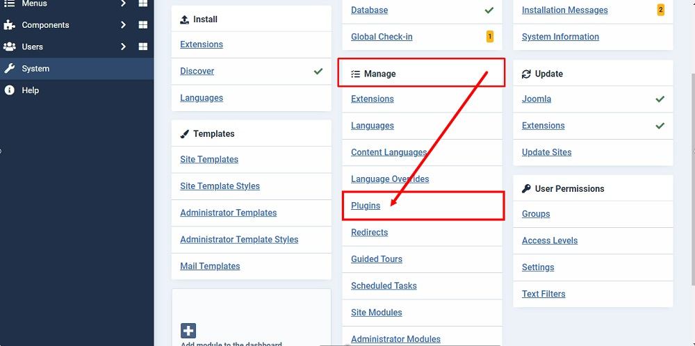 TermsFeed Joomla 4: System Dashboard with Manage - Plugins highlighted