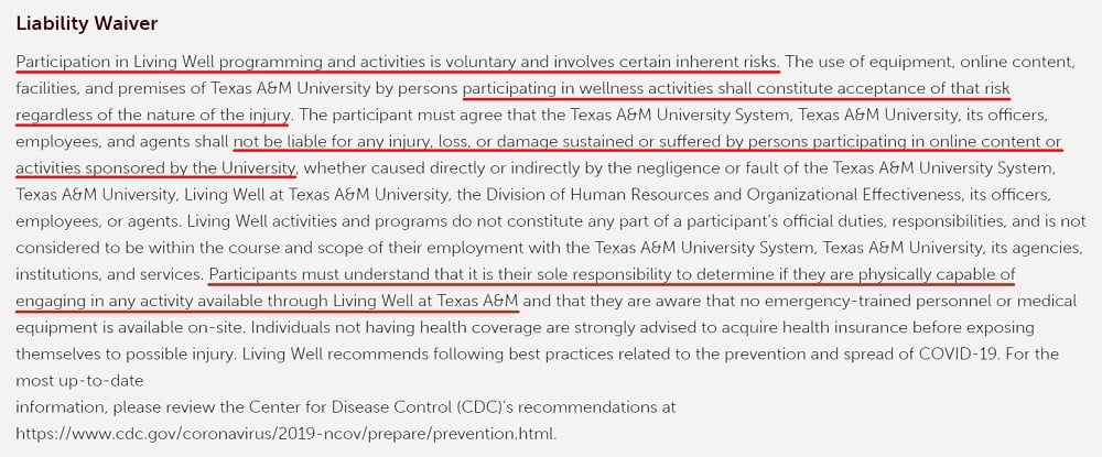 Texas A and M University Living Well program: Liability Waiver