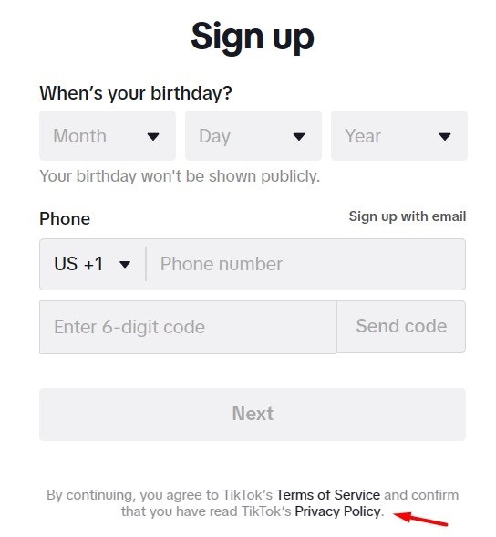 TikTok Create Account form