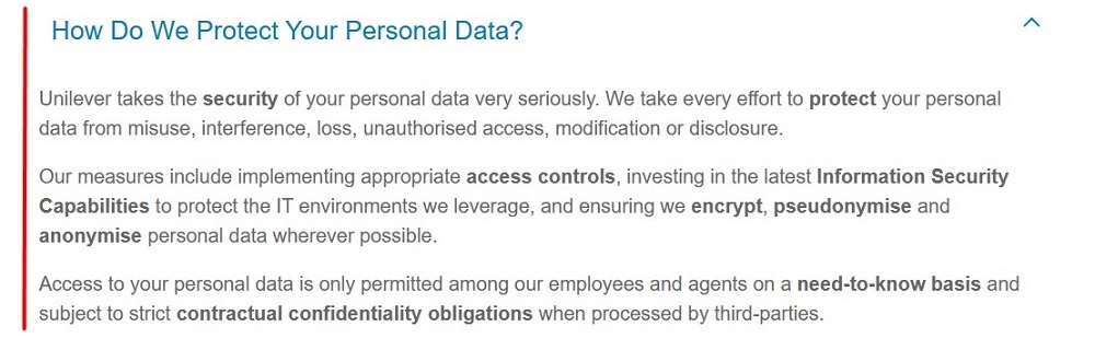 Unilever Privacy Notice: How do we protect your personal data clause