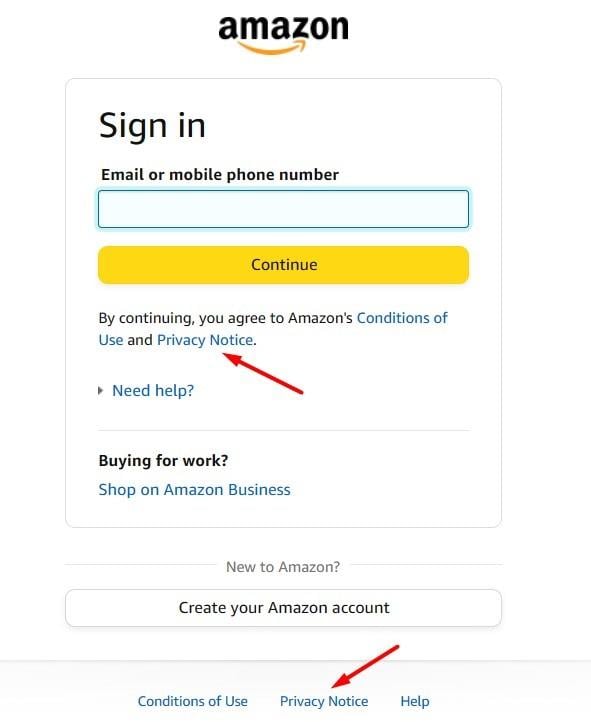 Amazon sign-in with Agree checkbox and privacy notice link highlighted