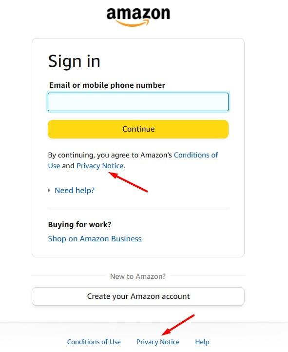 Amazon sign-in with Agree checkbox and privacy notice link highlighted