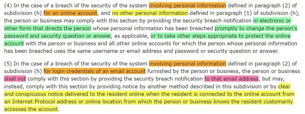California Data Breach Law: Breach of account credentials section