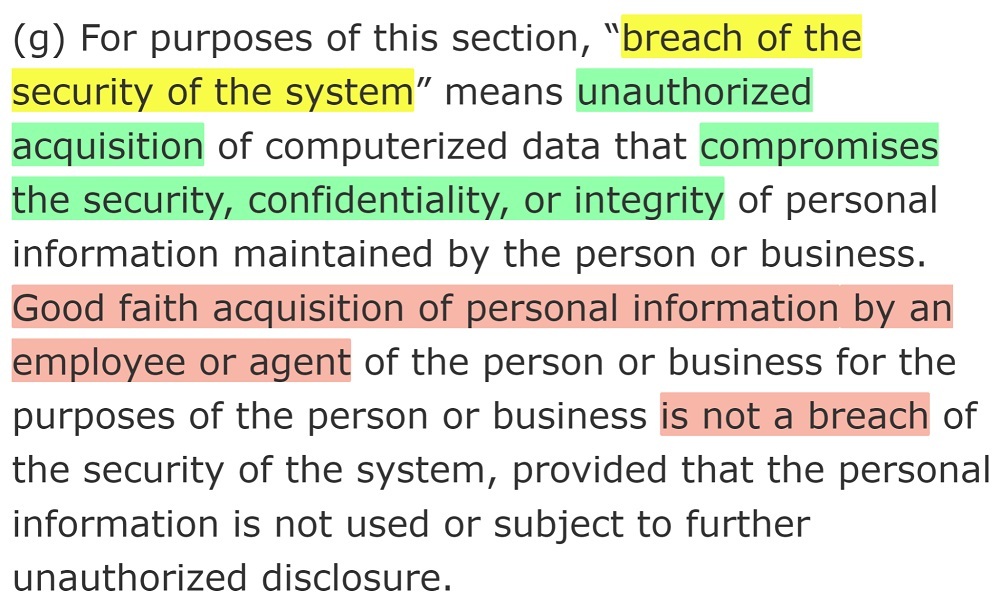 California Data Breach Law definition