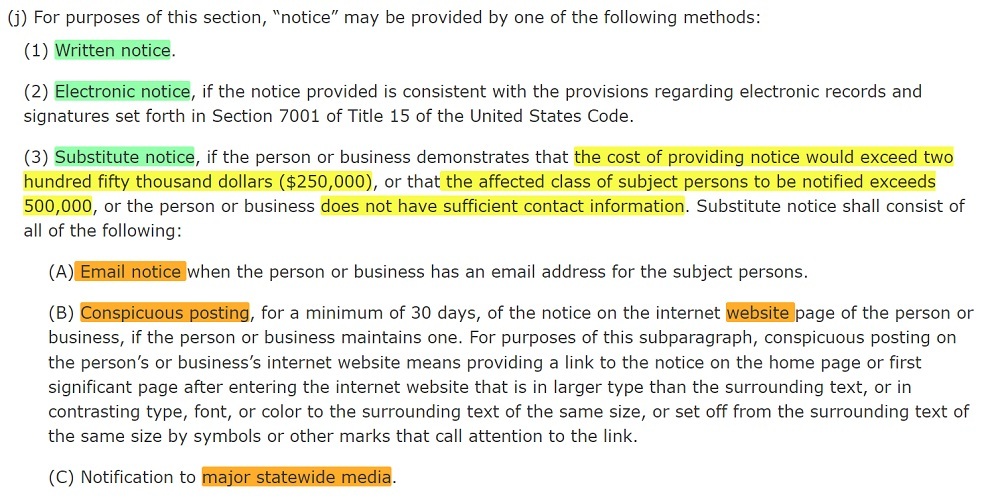 California Data Breach Law: Methods of notice section