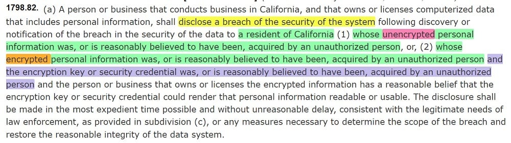 California Data Breach Law Section 1798 82 a: Disclose Breach section
