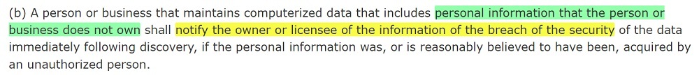 California Data Breach Law Section 1798 82 b: Notify of breach section