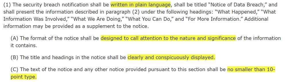 California Data Breach Law: Security breach notification requirements excerpt