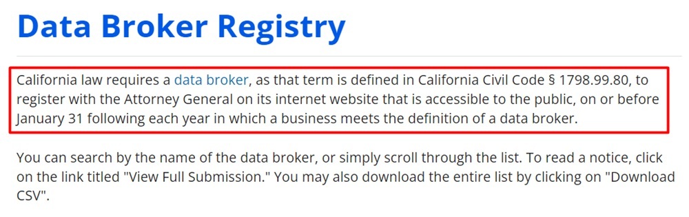 California Data Broker Registry: Complete Registration Search page excerpt