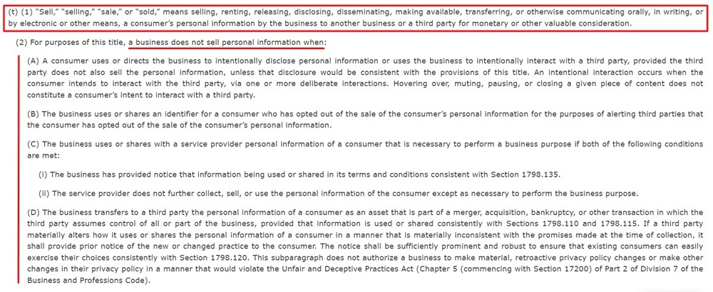 California Legislative Information: CCPA - Definition of Sale with examples of not a sale