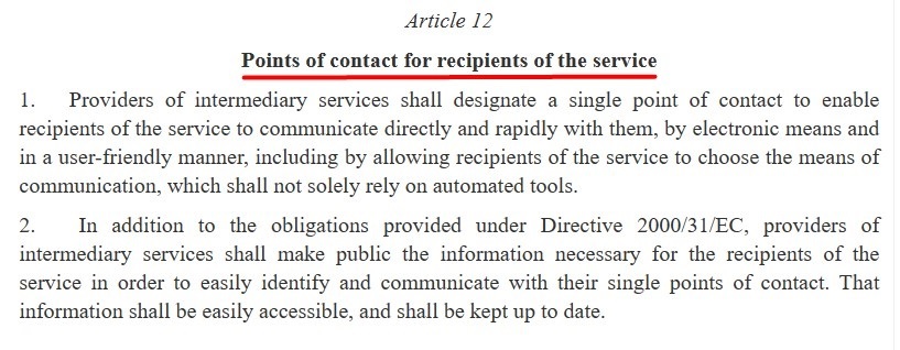 EU DSA: Article 12 - Points of contact excerpt