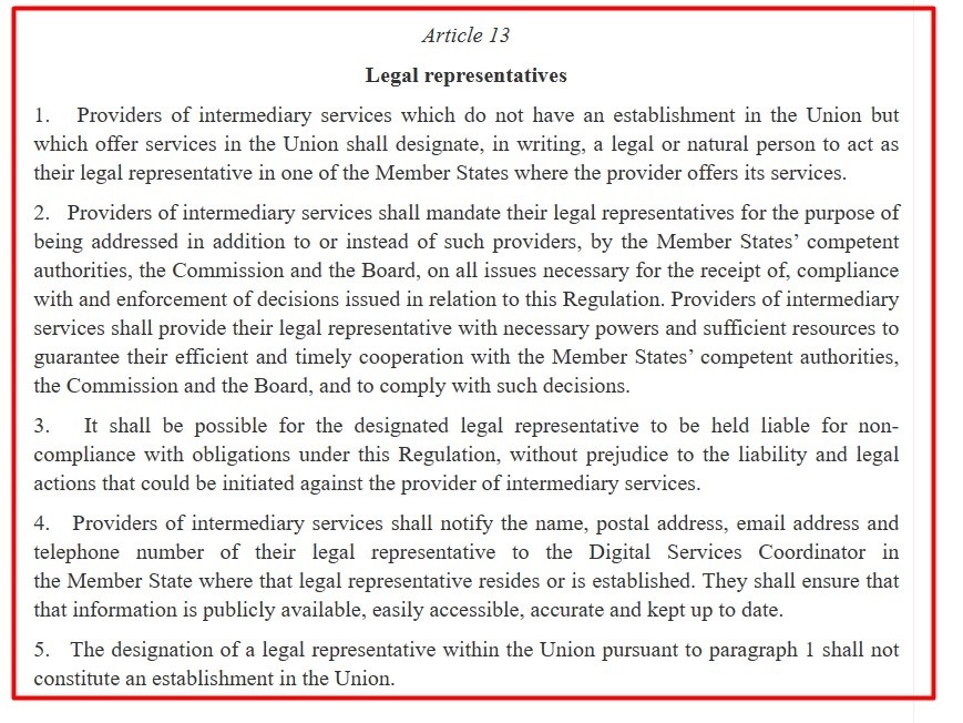 EU DSA: Article 13 - Legal Representatives excerpt
