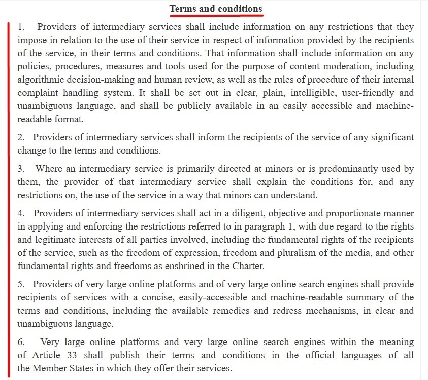 EU DSA: Article 14 - Terms and Conditions excerpt