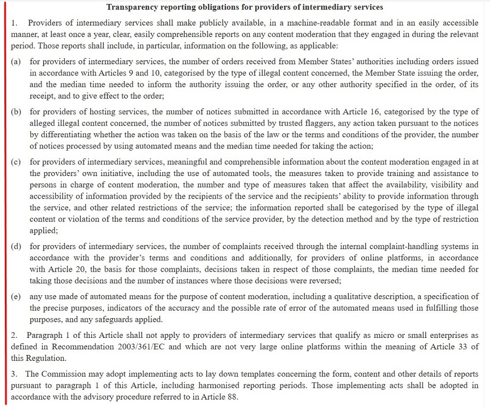 EU DSA: Article 15 - Transparency reporting obligations for providers of intermediary services excerpt