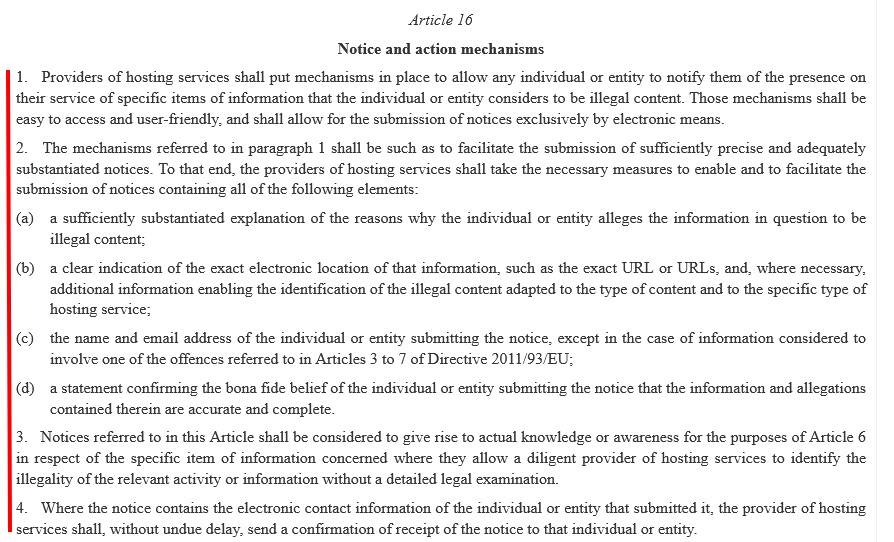 EU DSA: Article 16 - Notice and Action Mechanisms excerpt