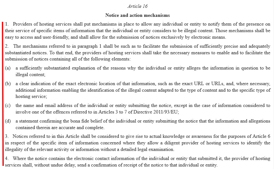 EU DSA: Article 16 - Notice and Action Mechanisms excerpt