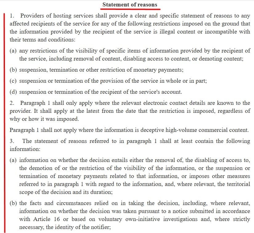 EU DSA: Article 17 - Statement of Reasons excerpt
