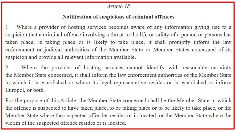EU DSA: Article 18 - Notification of suspicions of criminal offences excerpt