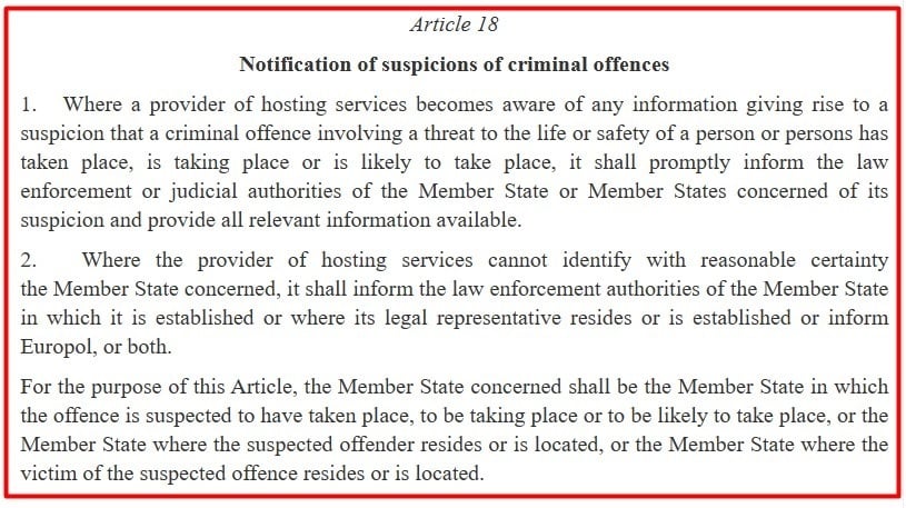 EU DSA: Article 18 - Notification of suspicions of criminal offences excerpt