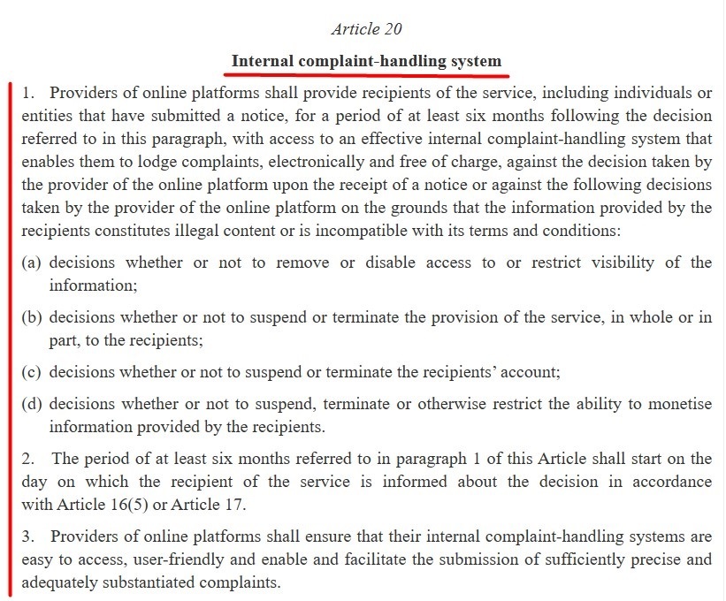 EU DSA: Article 20 - Internal complaint-handling system excerpt
