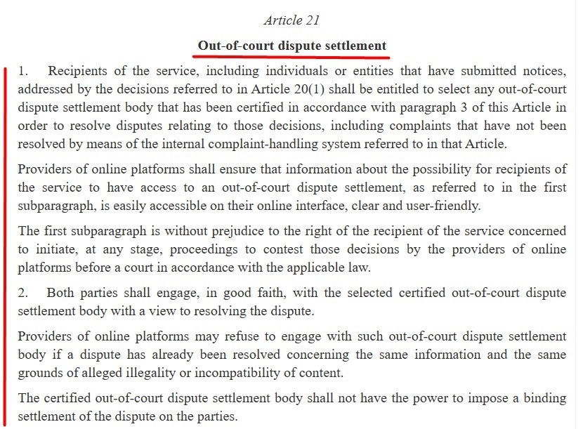 EU DSA: Article 21 - Out-of-court dispute settlement excerpt